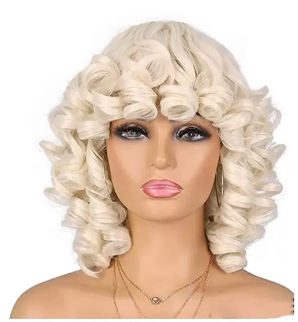 Synthetic Natural Short Platinum Curly Wigs for Women Brown Fake Hair with Bangs Cancer Patient Wig Gift Cosplay Wig