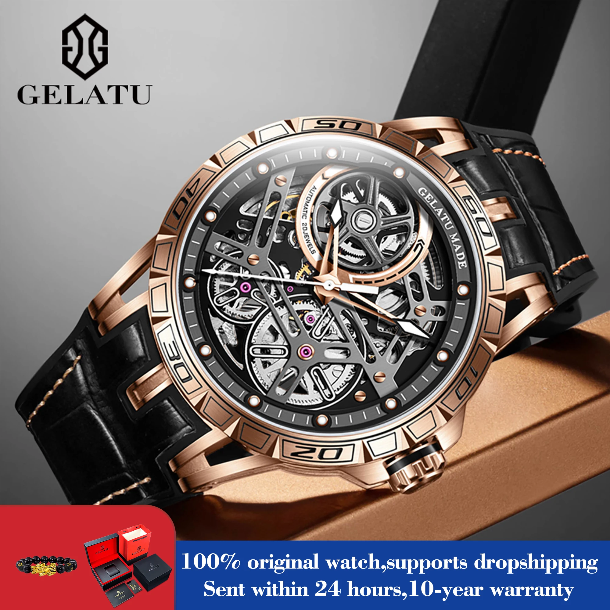 GELATU 6015 Fashion Business Hollow Mechanical Watch For Men Waterproof Luminous Hand Clock Sapphire Mirror Man Automatic Watch