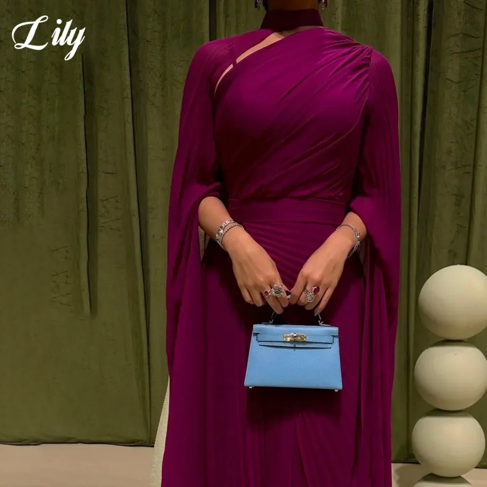 

Lily Fuchsia Elegant Prom Dress High-Neck Long Sleeves Mermaid Evening Gowns Satin Pleating Floor Length Party Dress Customized