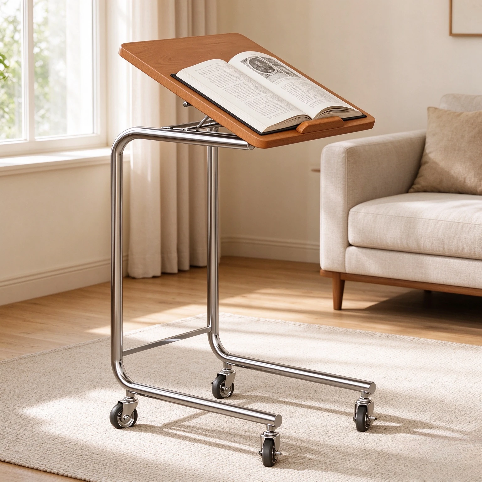 Nordic Solid Wood Rolling Bedside Table, Movable Nightstand Reading and Computer Desk for Bedroom, Living Room and Study