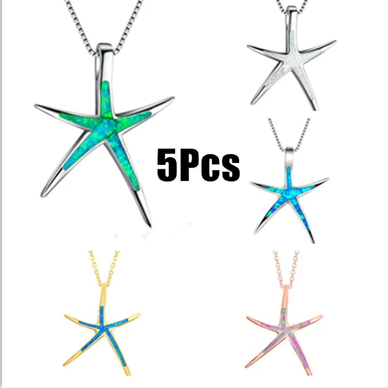 1/5Pcs New Fashion Silver Gold Tone or Rose  Created Blue White  Pink Imitation Opal Starfish 18 Pendant Necklace jewelry
