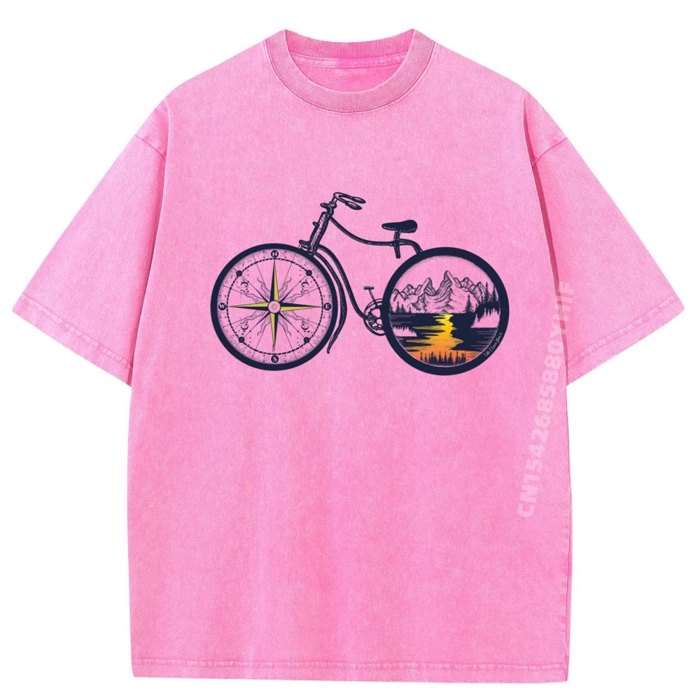 

Retro Bicycle with Compass and Mountain Cycling Men T-shirt Geek Tops Tees Latest T-Shirt Retro Washed Shirt