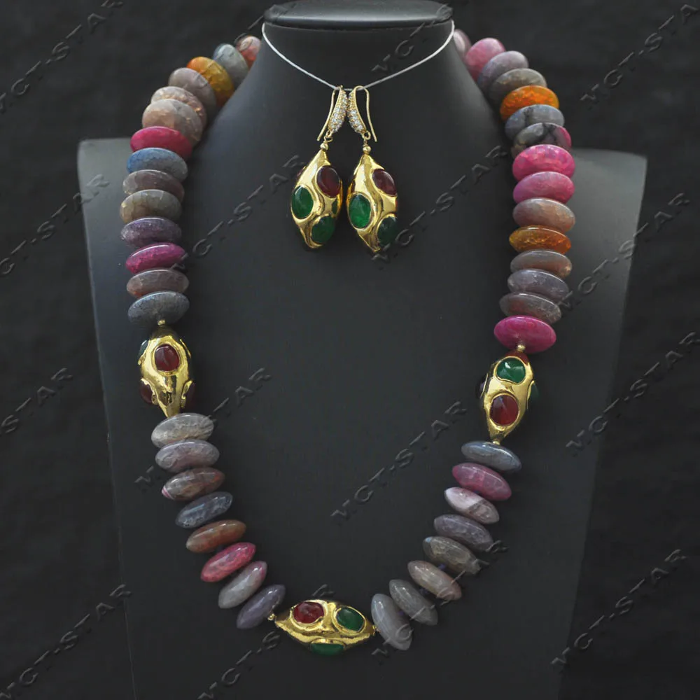 

MCT·STAR Set 21" 20mm Natural Pink Yellow Gray Rondelle UFO Agate Spiral Shape Necklace Earring (Z14488)