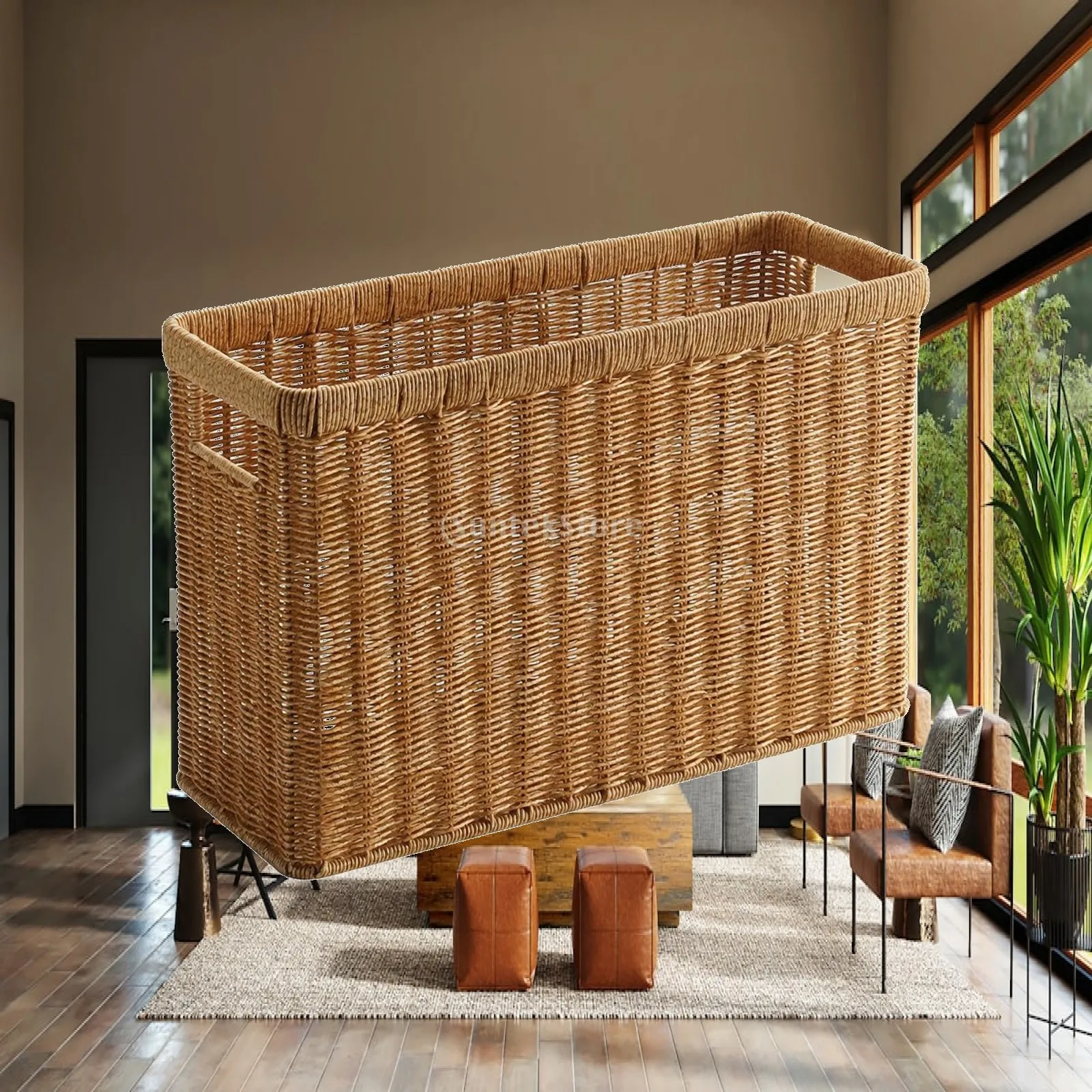 Rectangular Rattan Woven Basket for Bedroom Closet Organization Plastic Iron Container