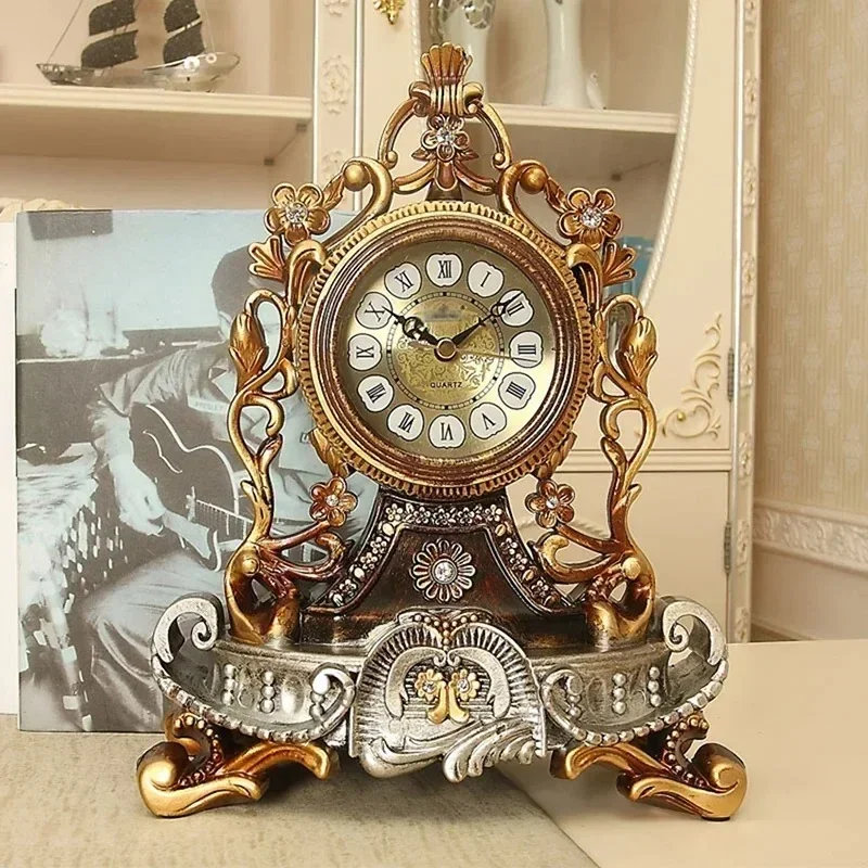 Vintage Table Clock European Style French Decorative Analog Desk Clock Non-Ticking Battery Operated for Living Room Shelf