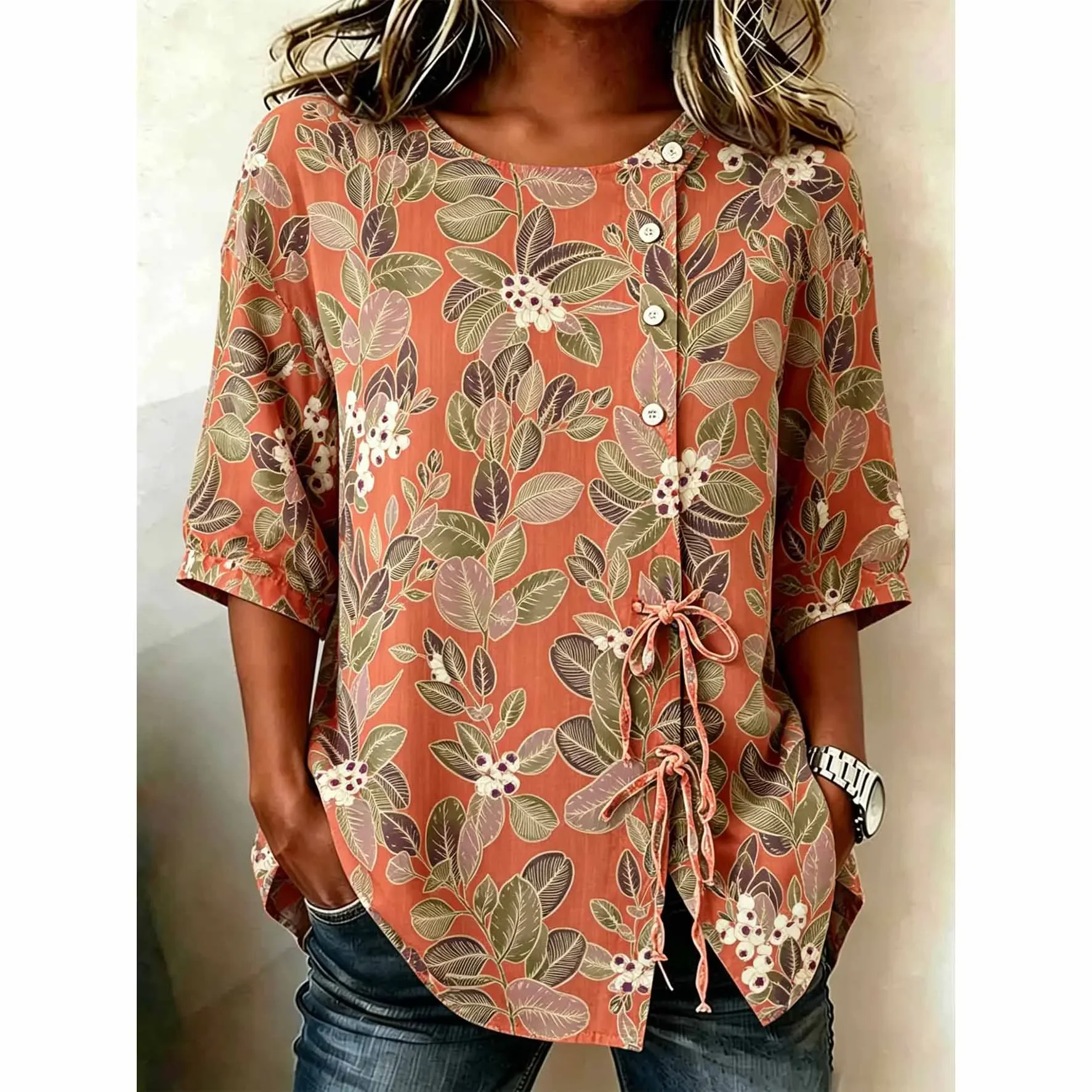 

Women Orange Leaf Berry Side Tie Half Sleeve Top