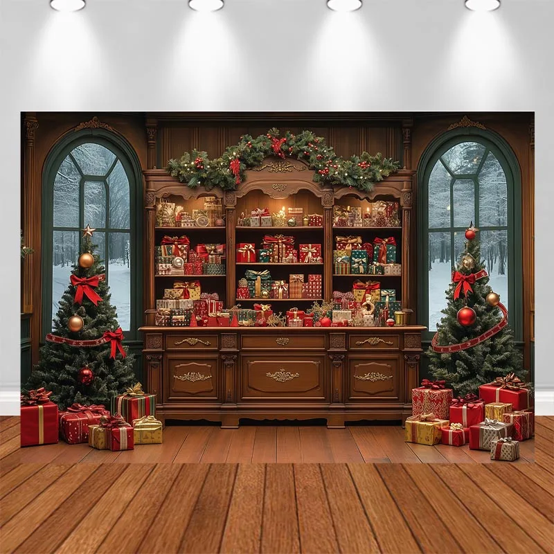 LS Christmas Wooden Cabinet Backdrop Xmas Tree Gift Box Candle Lights Vintage Background for Family Holiday Studio Shoot