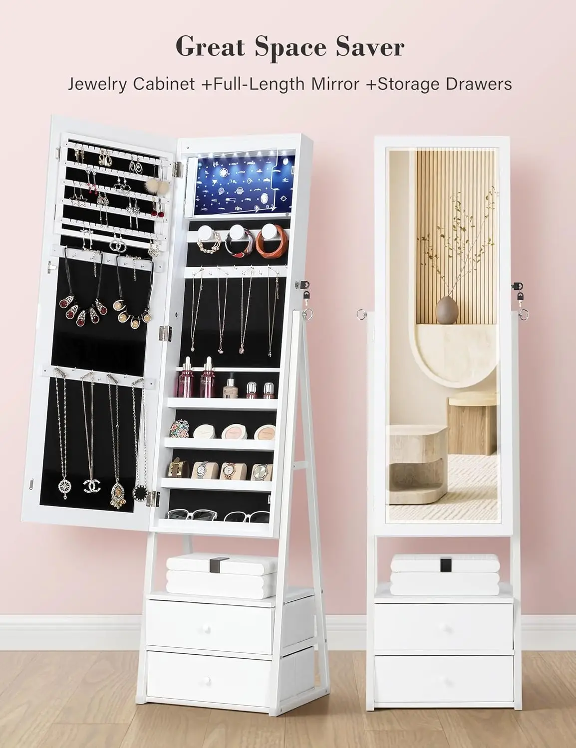 Lockable Vertical Jewelry Mirror Cabinet with 2 Drawers, Full Mirror with Jewelry Storage