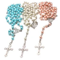 White-Pearl Rosary Beads Catholic Necklace Holy Medal-Cross Christian Long Chain
