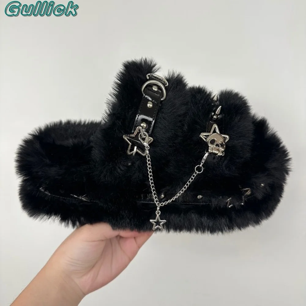 Gullick Solid Punk Open Toe Slippers Mental Chain Buckle Lint Outwear Shoes Thick Heel Slingbacks Autumn Winter Women New Trend