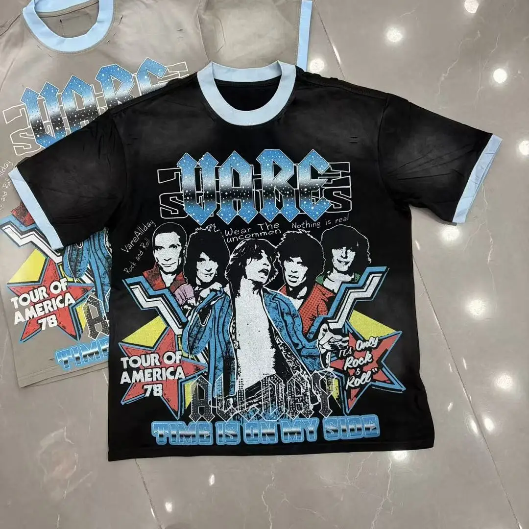 Oversized Vintage Washed Tee Men Rhinestone T-shirt Light Retro Rock N Roll Y2K Streetwear Loose Fit Casual Shirts Unisex