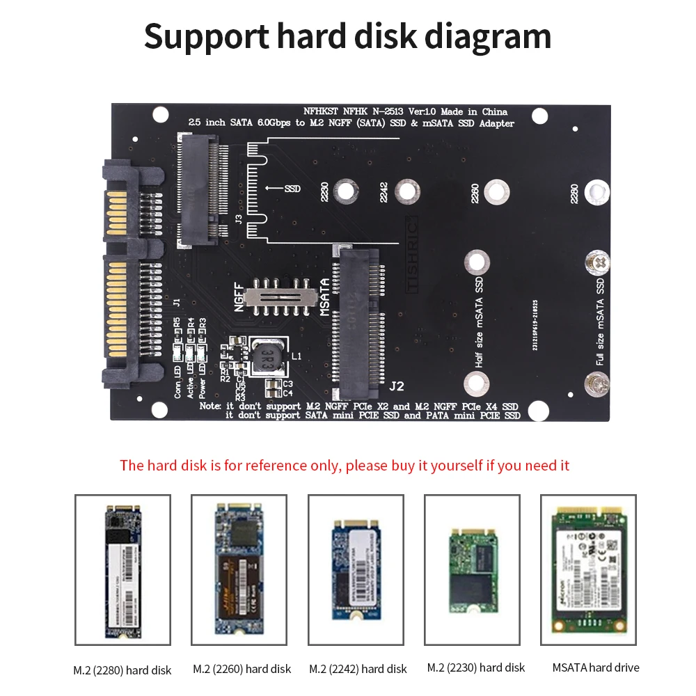 TISHRIC M.2 Msata To Sata 2.5 Inch Riser Card M2 NGFF B Key Msata Sata Adapter Board For M2 2230 2242 2260 2280 SSD Hard Disk