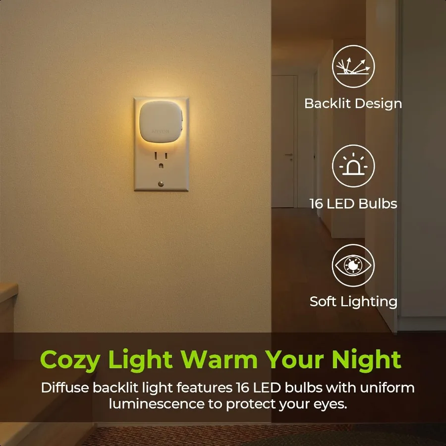 Plugin LED Backlit Night Light with Motion Sensor Dusk to Dawn Sensor Dimmable Warm White Nightlight with 150 lm Adjustable Bri