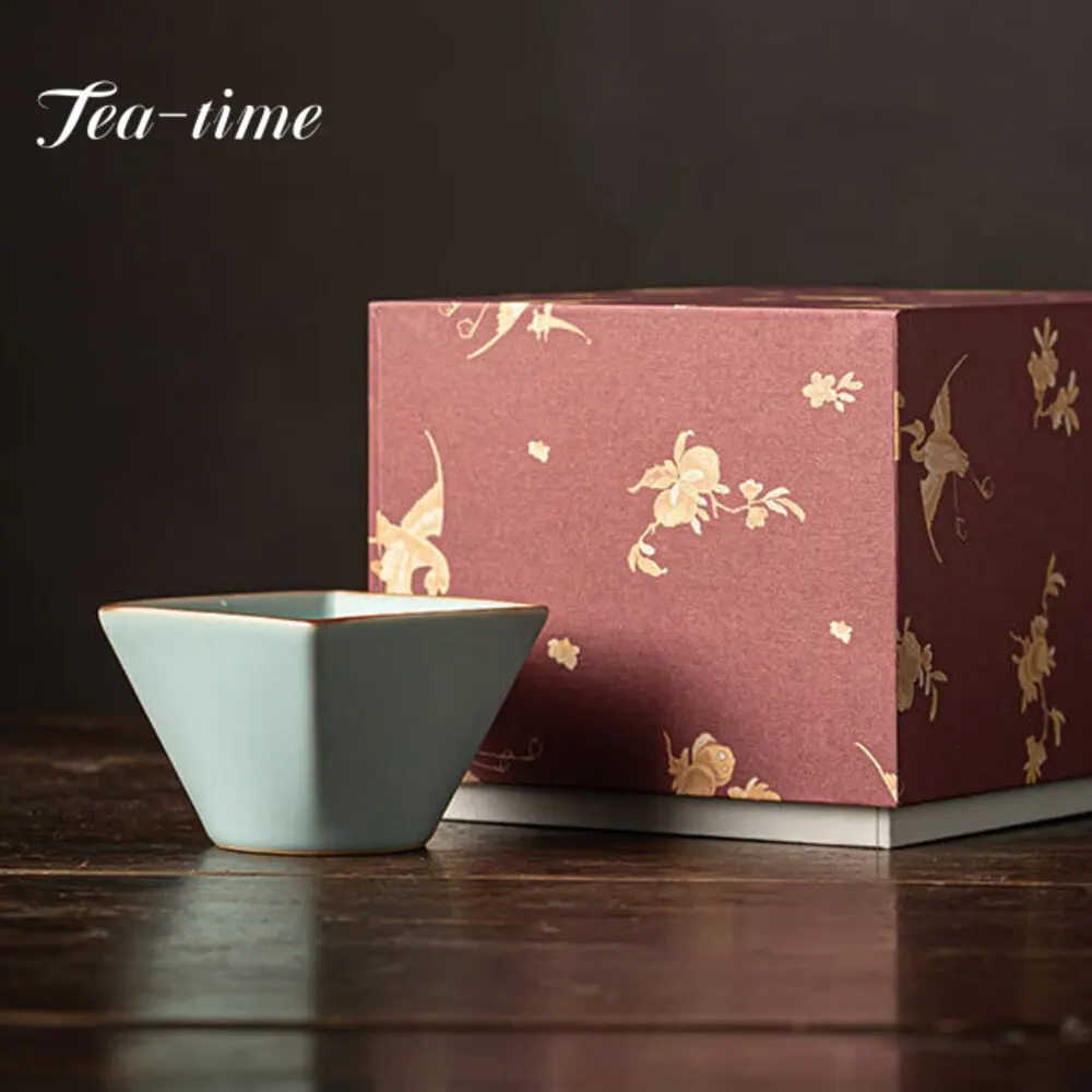 80ml Imitation Song Ru Kiln Ceramic Teacup Personal Special Master Cup Creative Square Tea Bowl Chinese Kung Fu Teaware Gift Box