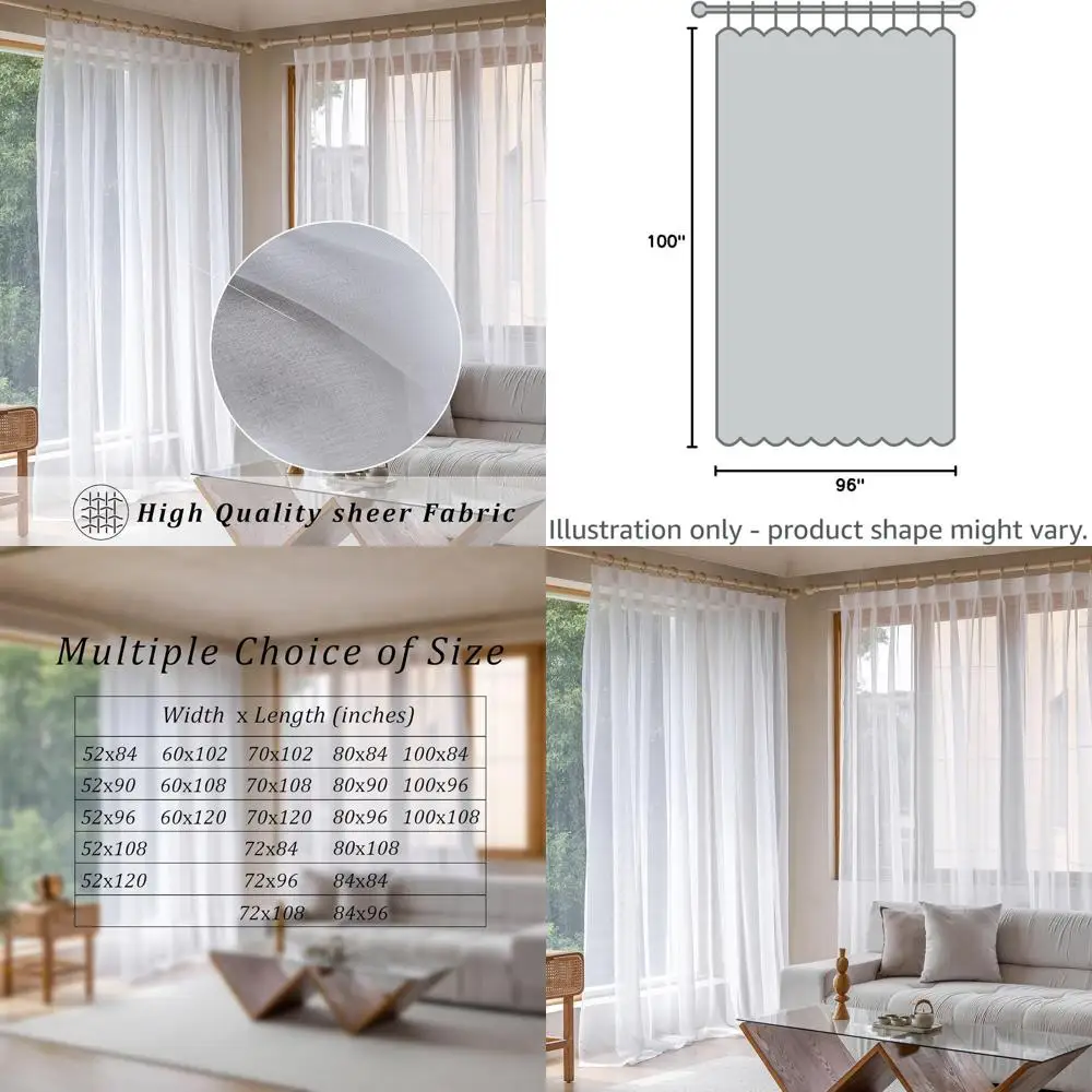 

Wide White Pinch Pleat Curtains 100x96 for Living Room/Bedroom, Semi-Sheer Linen Look, Light Filtering, with Hooks for Traverse