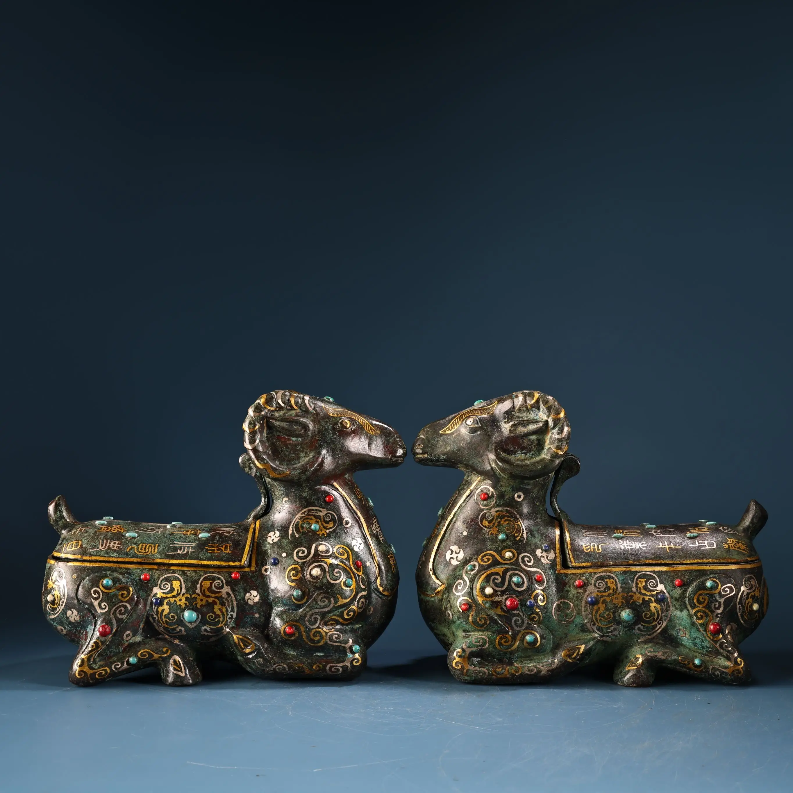 

10"Tibetan Temple Collection Old Bronze Gilded Mosaic Gem Turquoise floral pattern Sheep statue Wine cup shaped incense burner