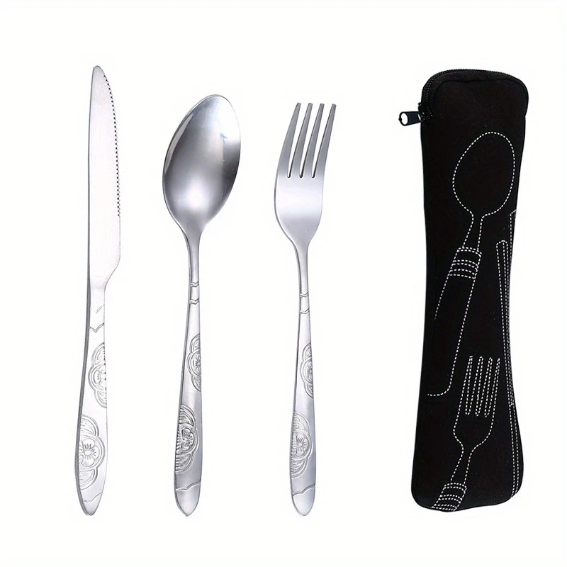 Portable Dinnerware Set - Ultra-Portable, Vibrant Printed, Stainless Steel Cutlery Set with Knifes, Fork, Spoon Carrying Bag