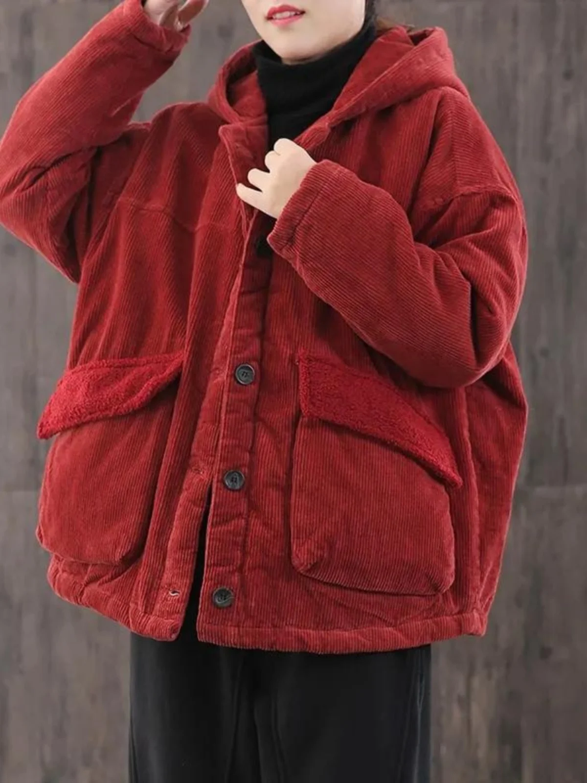 

Thickened Corduroy Cotton Jacket Coat for Women with Hat Autumn Winter New Style plus Size Retro Splicing Pocket Cotton Padded