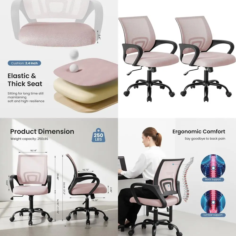 

Ergonomic Mid-Back Desk Chair with Lumbar Support, Rocking, Height Adjustment, Fixed Armrests, 360° Swivel, Pink, 2-Pack