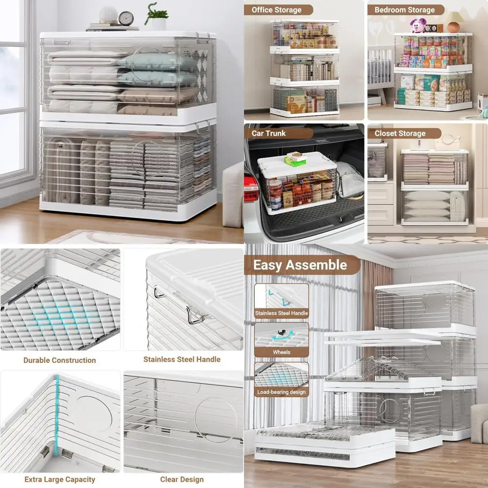 

Extra Large 160Qt Stackable Storage Bins with Lids, 40 Gallon Clear Plastic Collapsible Bins, Wheeled Storage Solutions for Orga