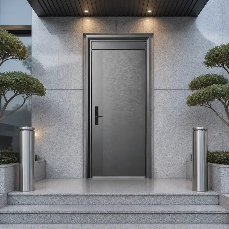 Brushed Aluminum Steel Security Entrance Door with Fine Mesh Smart Lock Anti Theft Single Door for Family Apartments
