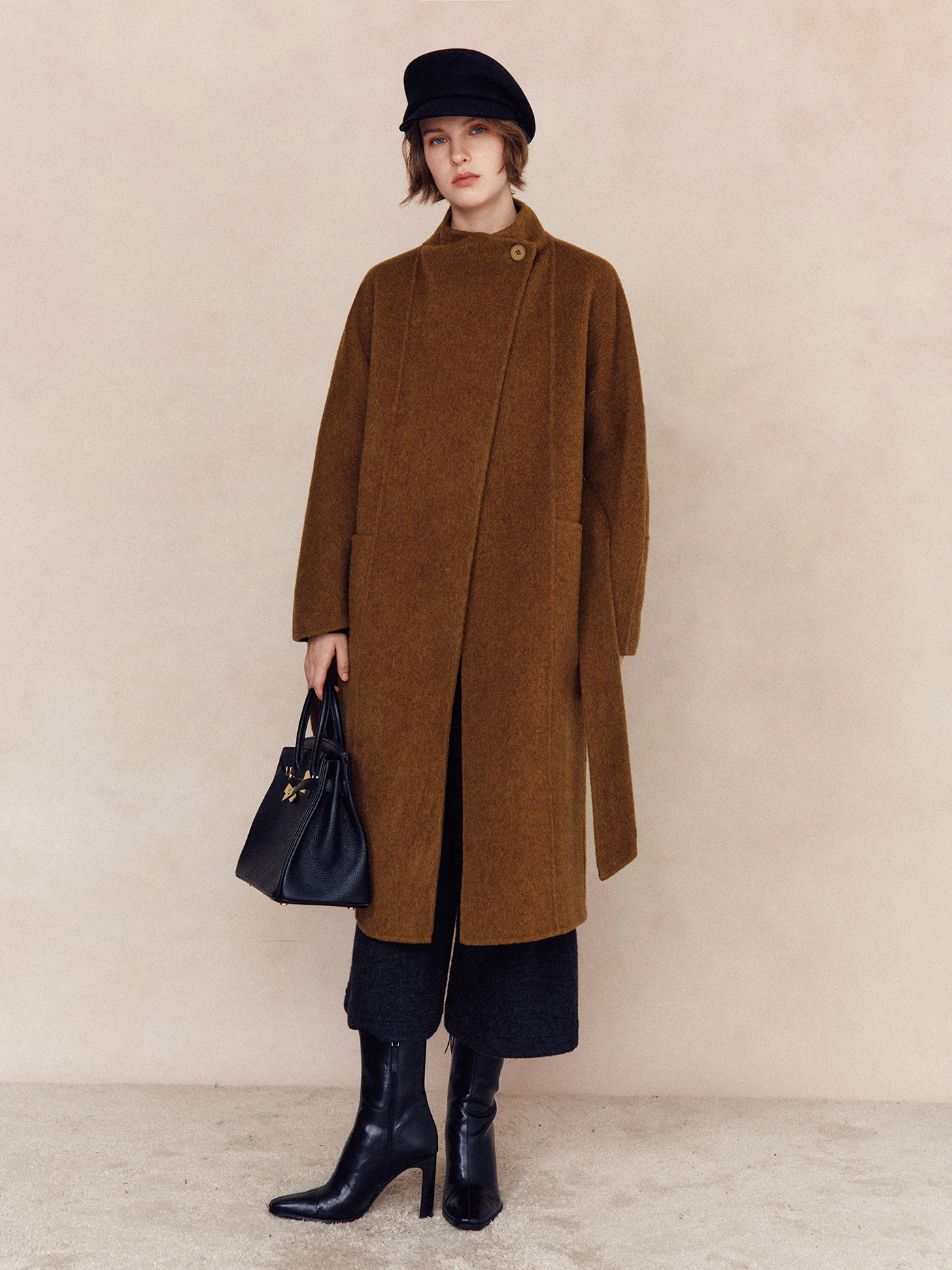 

Двустороннее шерстяное пальто Ele с поясом, подчеркивающим талию, и застежкой на одну пуговицу, для повседневной носки, в простом стиле