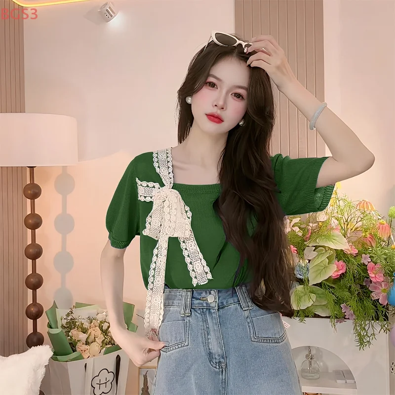 Atasan lengan pendek bergaya baru 2025 untuk cewek manis, warna pink renda dengan detail patchwork dan tali