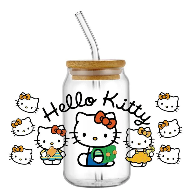 Miniso New Design Hello Kitty Kawaii For Libbey 16oz Can Glass Mug 3D Waterproof UV DTF Coffee Can Wrap Libbey Glass Wrap