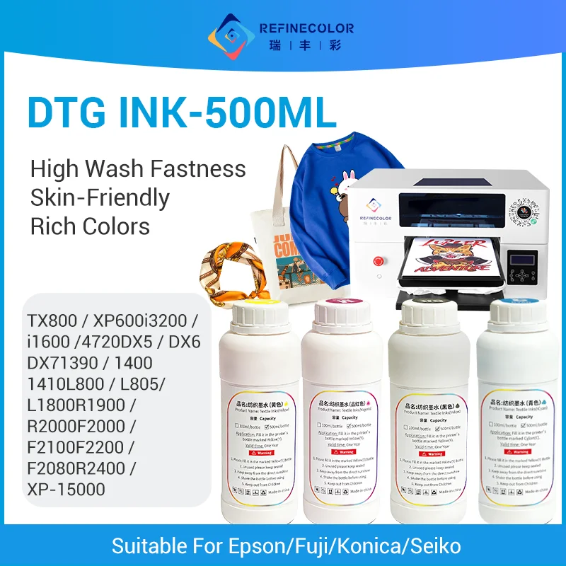 Refinecolor 500ML/Bottle DTG Textile InK For Epson I3200 I1600 DX5 DX6 DX7 TX800 XP600 printered Direct to Garment Textile Ink