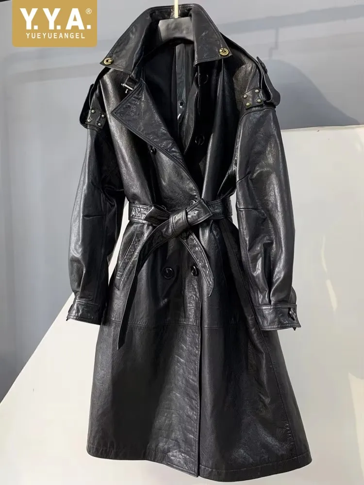 

Concise Style Lapel Genuine Leather Belt Button Trench Jacket Solid Color Long Sleeves Cowhide Slim Ladies Fashion Outerwear
