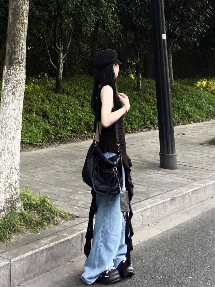 

Sexy Strap Vest Women's Asymmetric Bla Top Ele Summer Design Korean Sle Commute Wind Blouse for Young Women 8-24