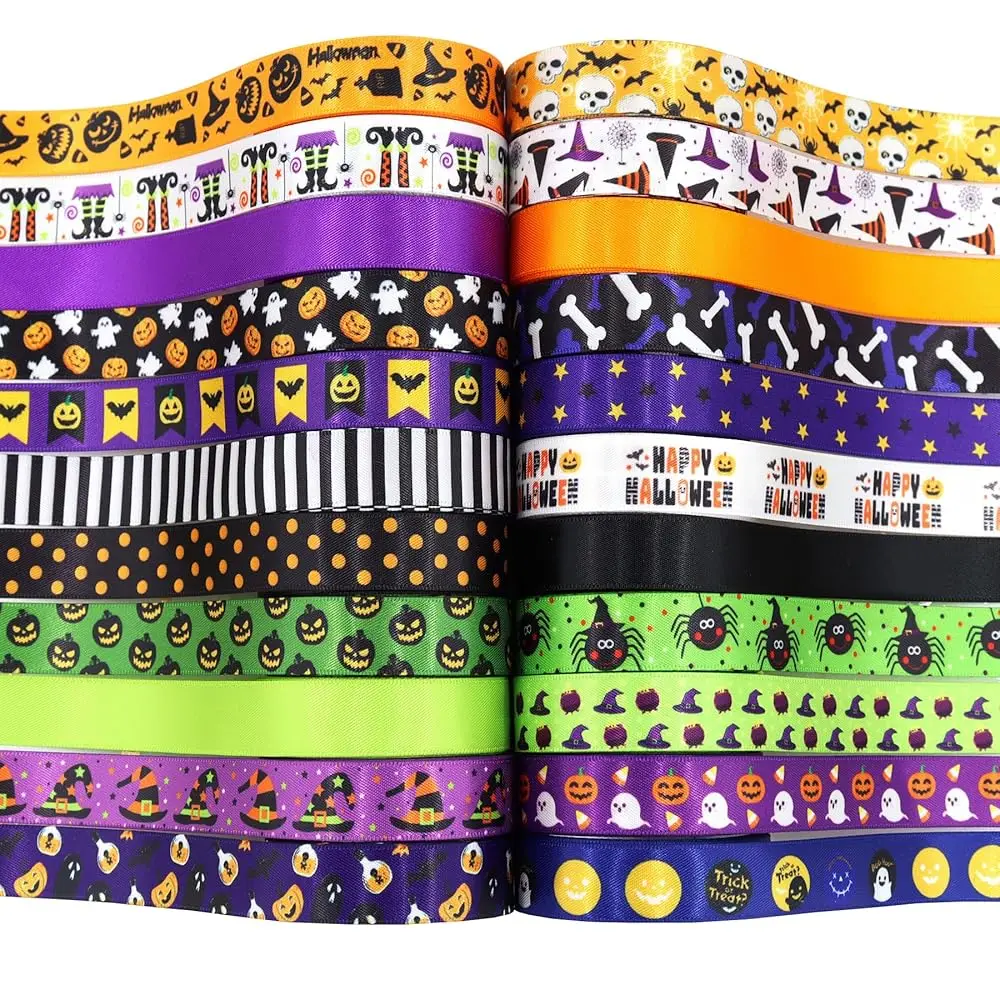 

Satin Ribbon - 44 Yards 5/8\, \Halloween Printed Ghost Spider Pumpkin Lantern Gift Wrapping Hair Bow Wreath Making DIY Craft