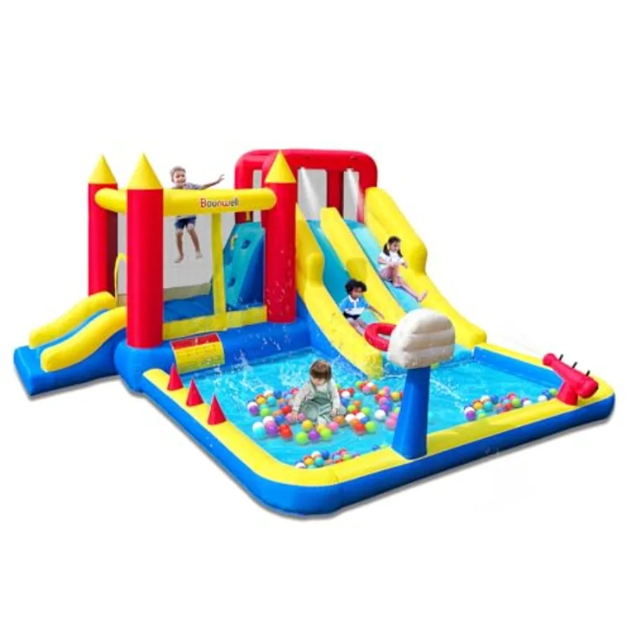 Aufblasbare Hüpfburg mit Doppelrutsche, Wasserhüpfburg mit Rutsche, Wasserrutsche mit Spritzschutz, Pool-Wasserkanone, Kletterwand