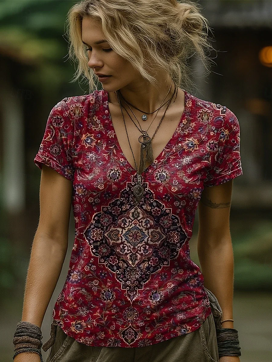 Women's Boho T Shirt Floral Graphic Paisley Bohemia Vintage Stylish Short Sleeve V Neck Regular Tops Going out Weekend 3D Print