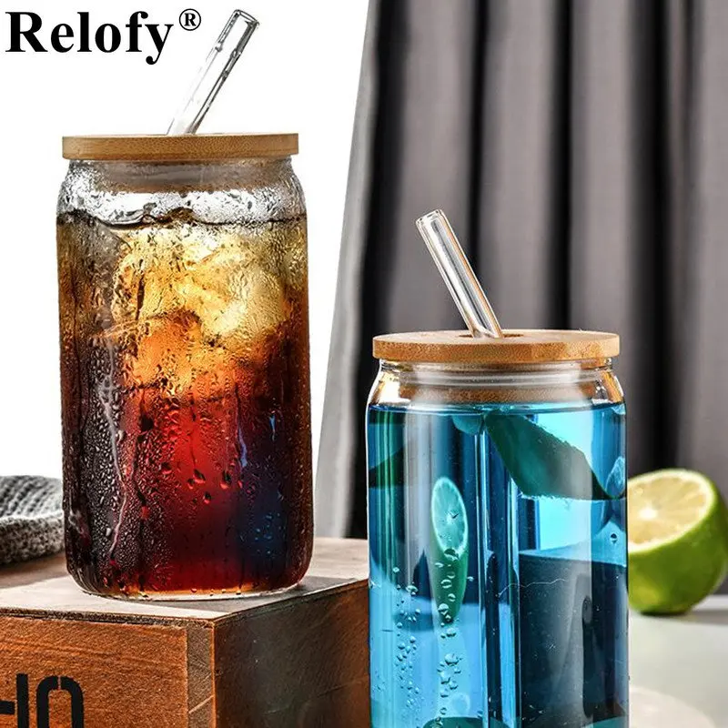 Clear Coke Round Glass Cups Set Household Simple Coffee Milk Juice Water Bottle with Wooden Lid and Straw Drinkware，4pcs/6pcs