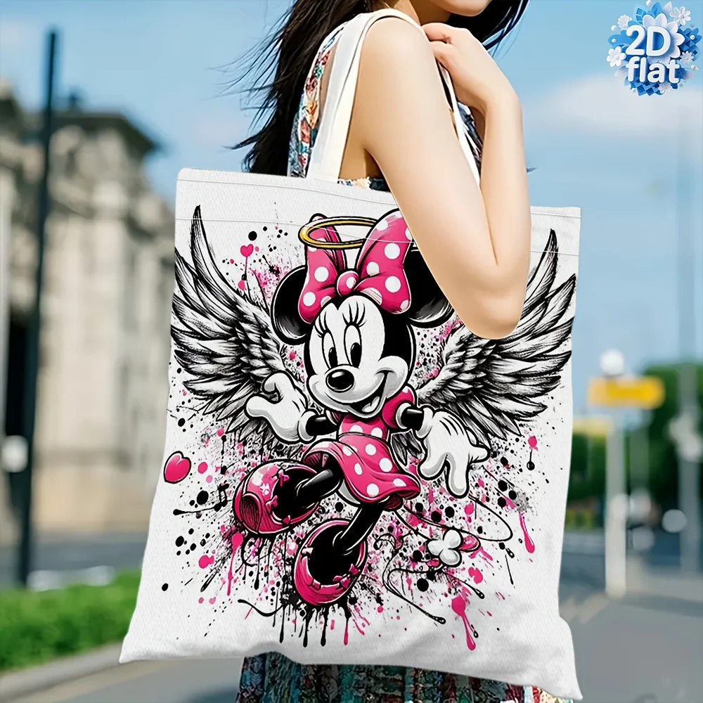 1 bolsa de compras reutilizable con estampado de alas de ángel y diseño de Minnie Mouse, adecuada para uso diario, compras, viajes, escuela.