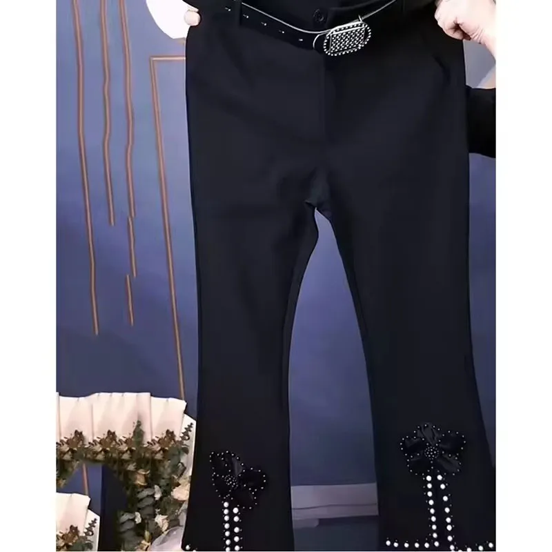 Spring Summer New Heavy Industry Black Flower Nail Bead Micro Pull Pants Female Slim Elastic Casual Short Versatile Women Pants