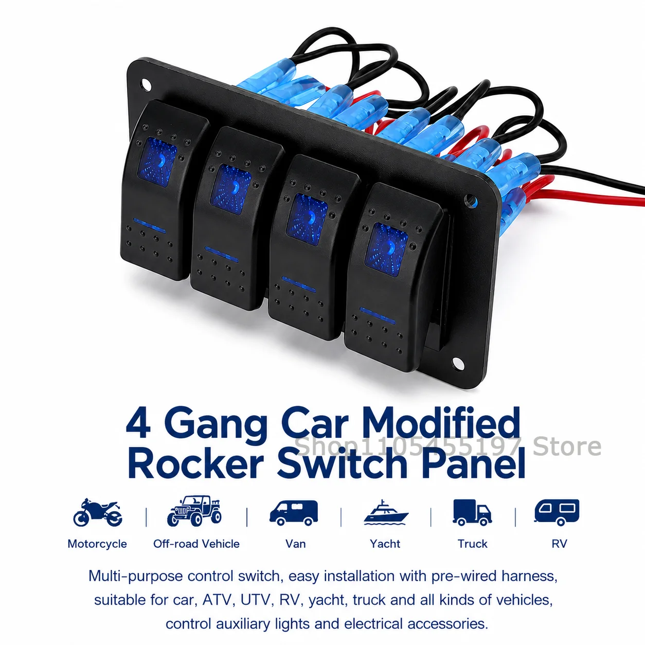 3/4/5 Position Aluminum Rocker Switch Panel Toggle Dashboard 5 Pin On/Off Pre-Wired Rocker Switch Automotive Blue Backlit Switch