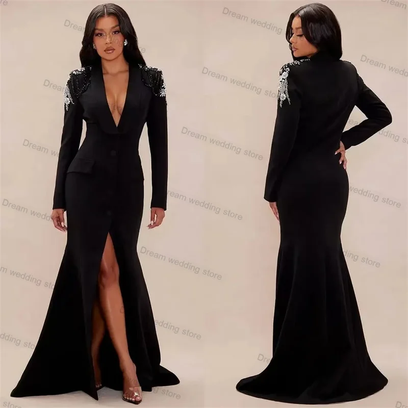 Formal Black Crystals Women Suits Skirt 1 Piece Long Blazer Wedding Tuxedo Custom Made Autumn Office Lady Jacket Coat Prom Dress