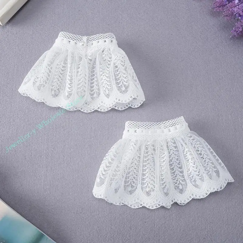 

R7UF Pearl Decor Pleated Lace Wrist Cuff Women Flared Cuff All-match Yarn Accessories