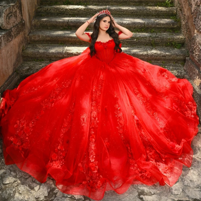 

Red Shiny Princess Sweet 16 Dress Dress Quinceanera Dresses Applique Flower Beads Bow Tull Party Birthday Vestidos 15 De Anos