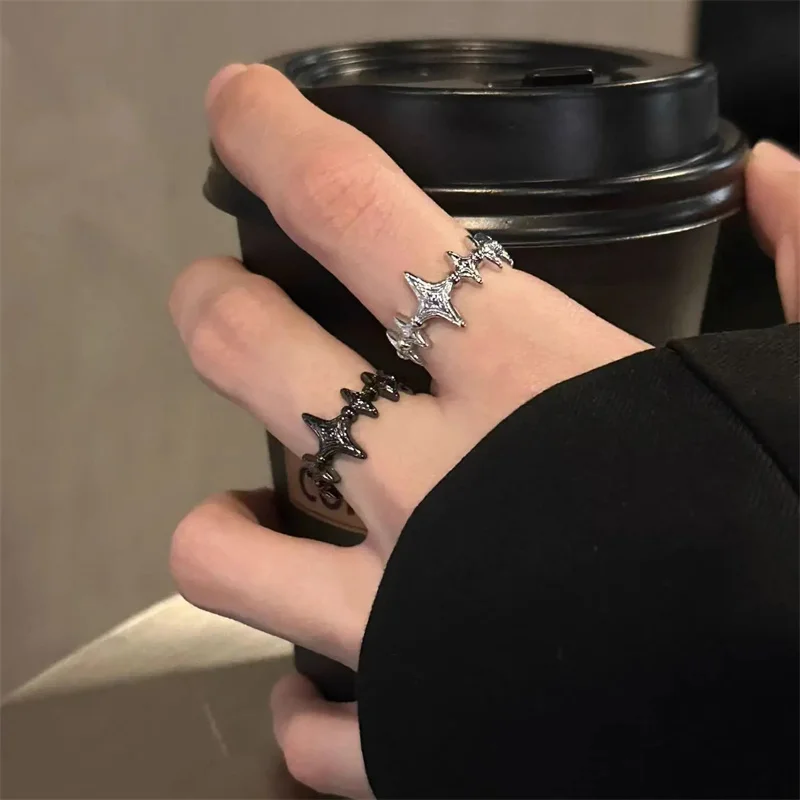 Fashion Irregular Cross Star Open Ring for Women Men Punk Gothic Sliver Color Adjustable Couple Rings Y2K Egirl Jewelry Gift