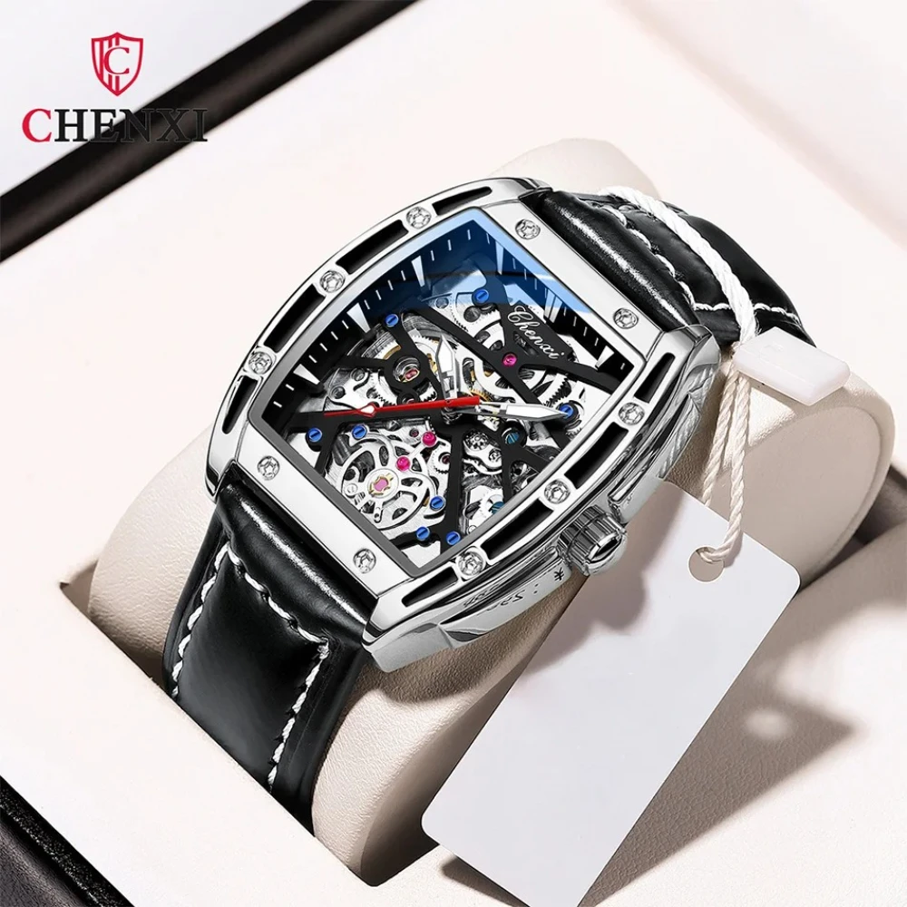 

CHENXI 0811 Classic Bucket Type Automatic Mechanical Men Watch Business Fashion Skeleton Watch Leather Strap Hollow Watches Man