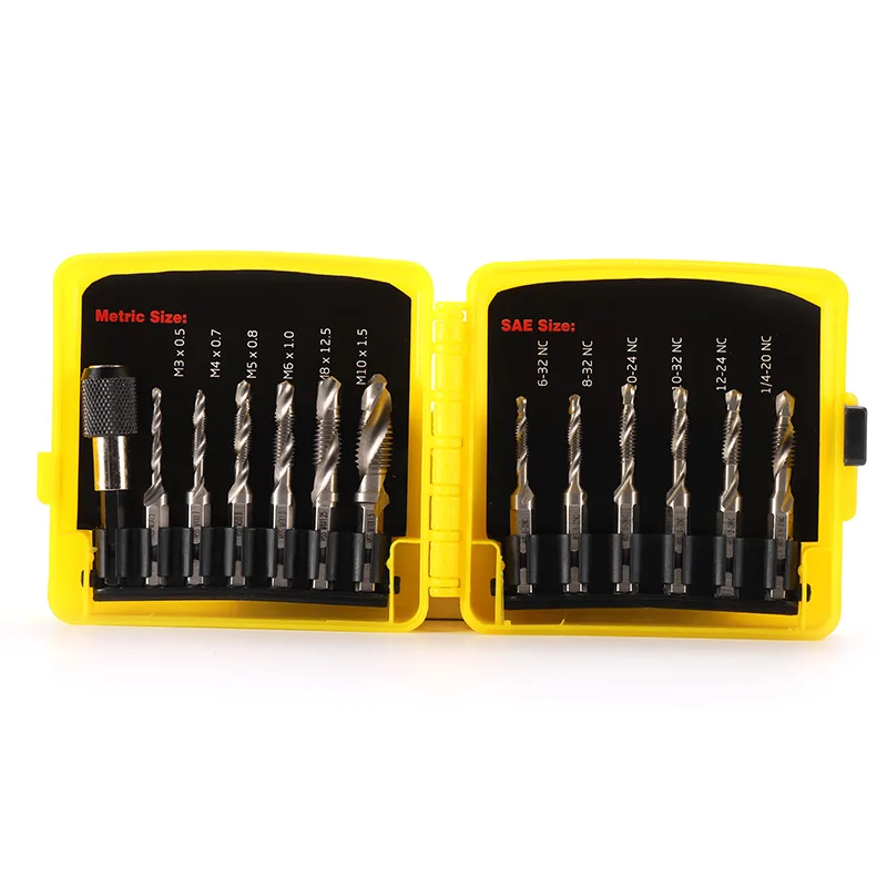 13PCS Titanium Coated SAE and Metric Tap Bits Kit Combination Drill Tap Bit Set with Quick Change Adapter