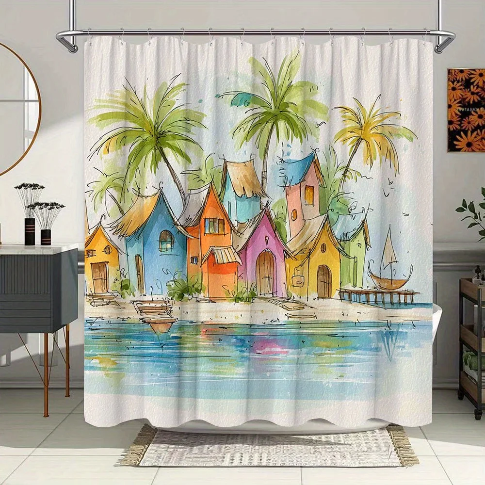 Cortina de bañera de pueblo Tropical Extra grande, decoración de baño costera con escena Tropical de acuarela vibrante, Ocea turquesa, 1 ud.