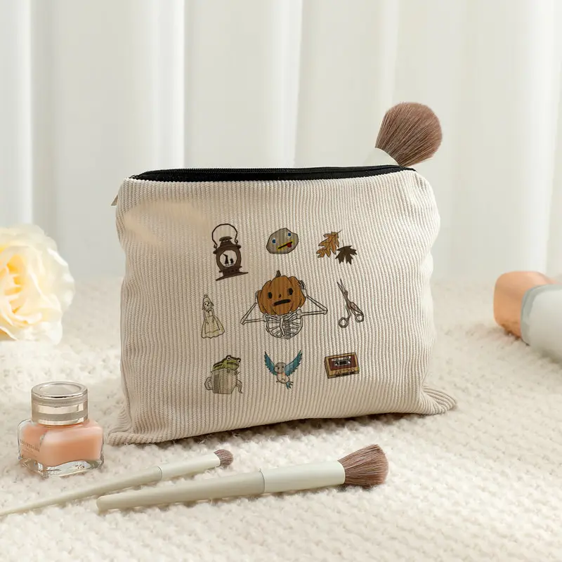 Cute Halloween Doodle Pumpkin Skeleton Frog Corduroy Makeup Bag Cartoon Pattern Zipper Cosmetic Pouch Toiletry Storage Purse