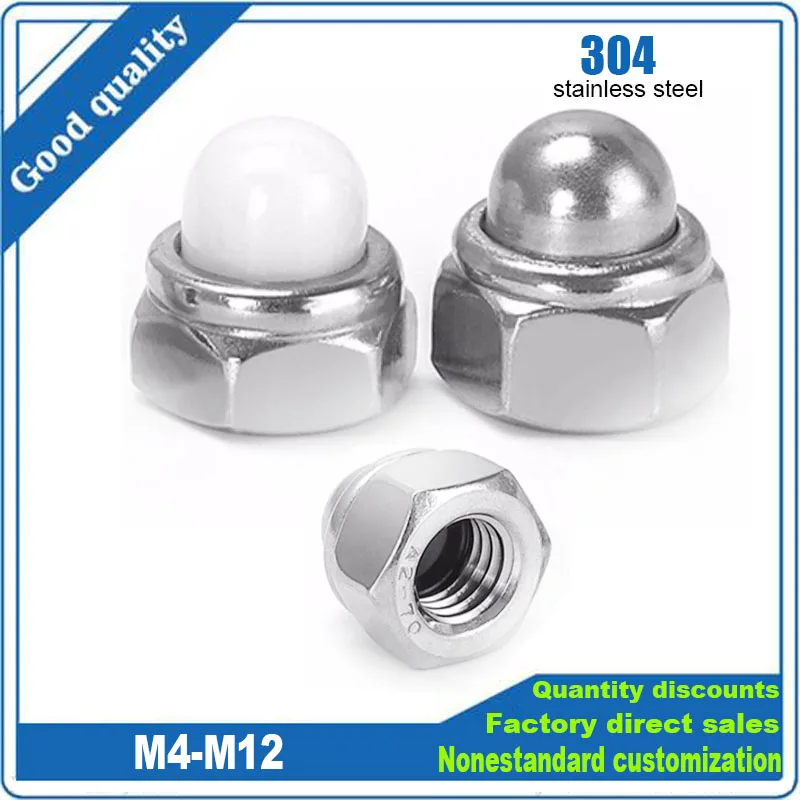 2/10pc M4 M5 M6 M8 M10 M12 DIN986 Stainless Steel Acorn Cap Cover Semicircle Dome Hex Nylon Insert Lock Nut Self-locking Locknut