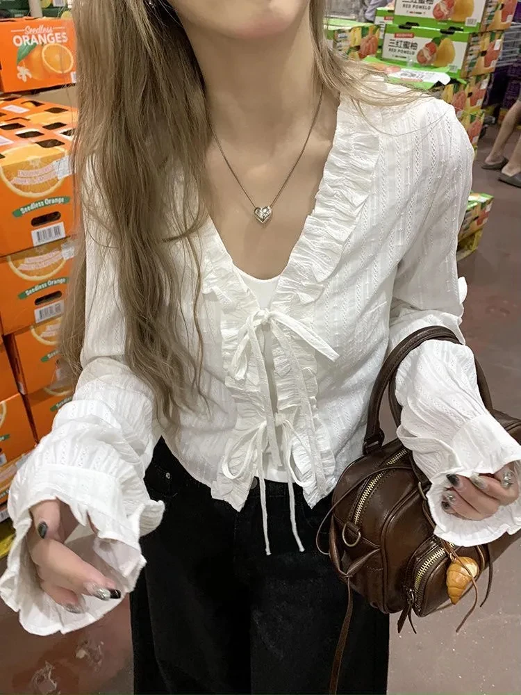

French Sweet White Shirt Women V Neck Ruffle Bandage Bow Long Sleeve Blouses 2025 Spring Summer All Match Y2k Tops Ins