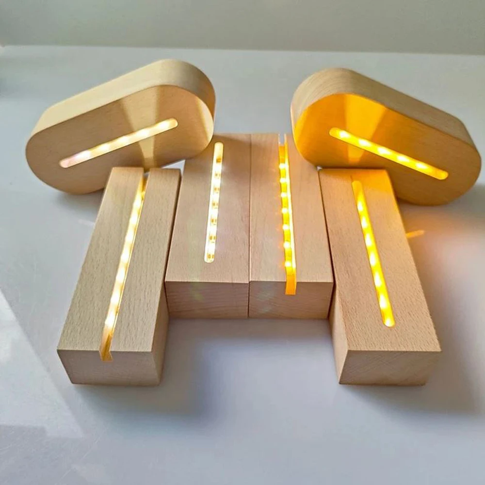 Nice 5.9 Inch Wood Base Led Light Display Stand AAA Battery Powered For Custom Acrylic Night Lamp Resin Glass Art DIY