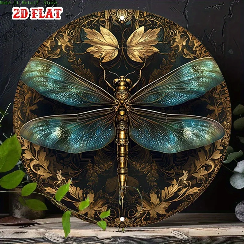 2D Flat Steampunk Dragonfly Round Metal Sign, Vintage Gold & Teal Insect Wall Decor for Nature Lovers